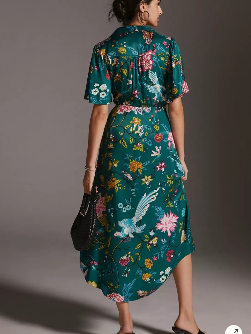 Maeve Anthropologie Button Front Shirt Dress 14 Green Floral Bird V-neck Slit - Picture 2 of 15